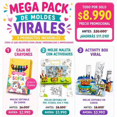 Lleva los 3 de arriba juntos y AHORRA. Mega pack Moldes Virales 3 en 1 (Crayones + Maleta + Activity Box)